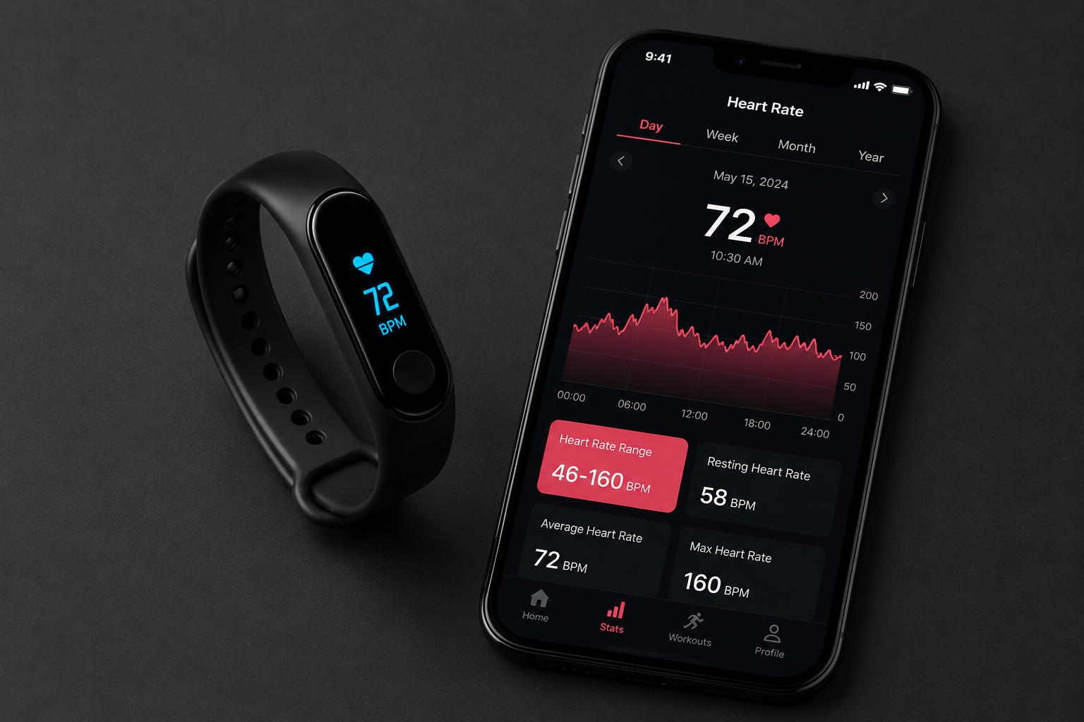 Pulseira PulseTrack e ecrã com dados de frequência cardíaca
